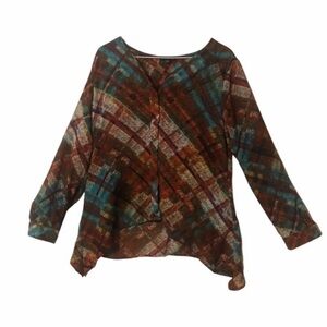 NOTATIONS Bright Autumn Colored ABSTRACT Blouse With Shark Bite Hem Size MEDIUM